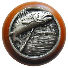 Notting Hill NHW-708C-AP Leaping Trout Wood Knob in Antique Pewter/Cherry wood finish